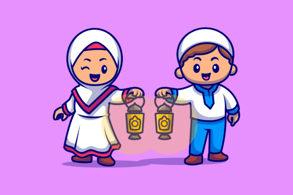 Download Cute Girl and Boy Moslem Bring Lantern - Girl Collection